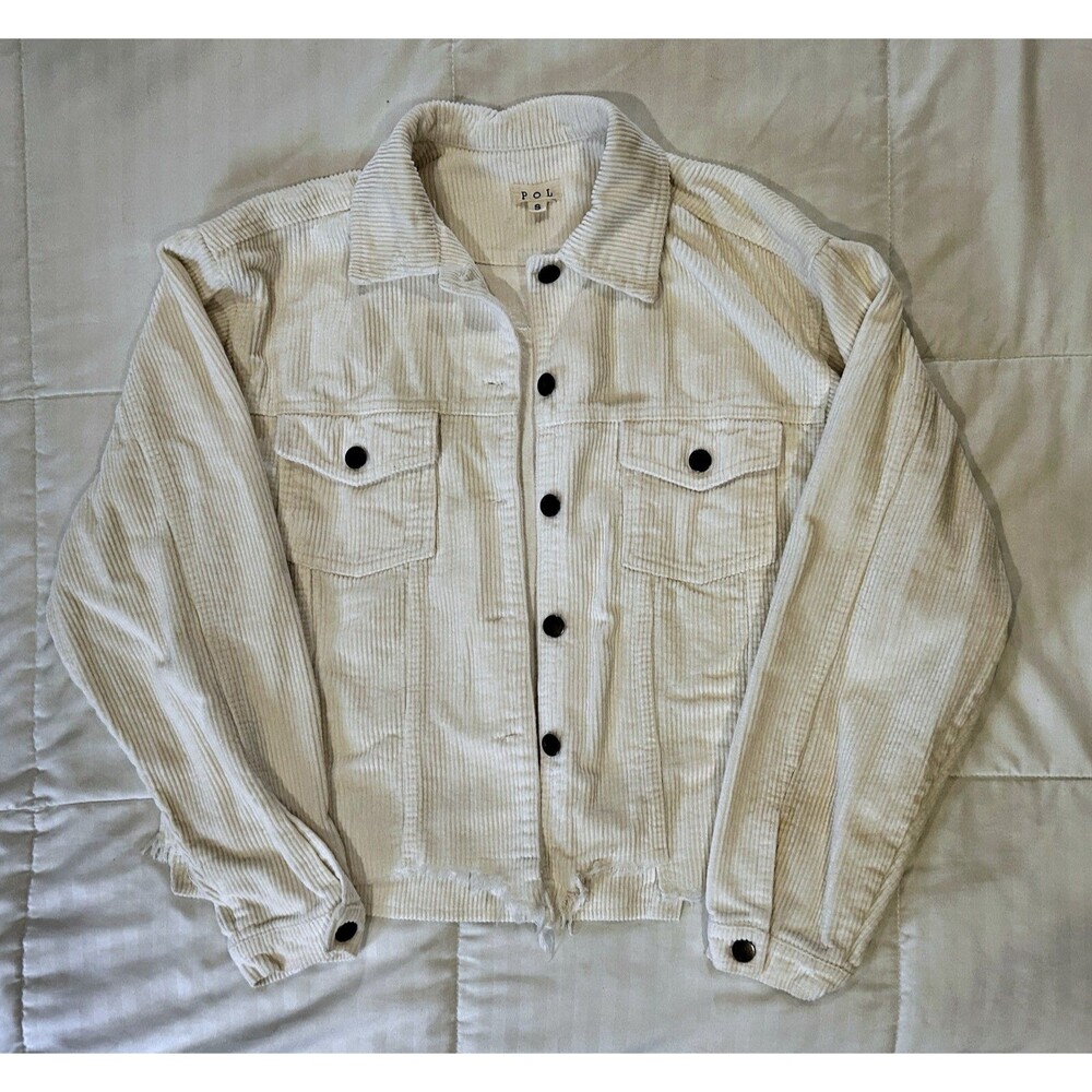 POL Women’s White Corduroy Button‑Front Jacket Size S – Frayed Hem